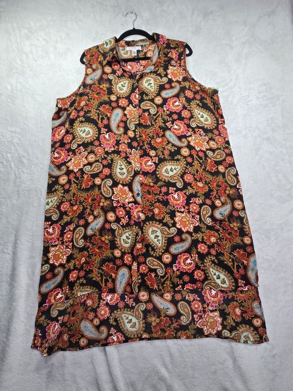Spense Tunic Top 1x Sleeveless Button Up Hi Lo Long Paisley Multicolor Blouse